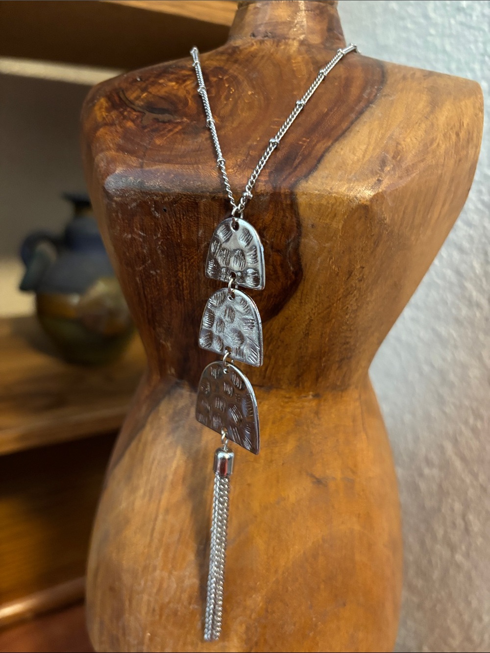 Time and Tru Silver Textured Triple-Arch Tassel Necklace
